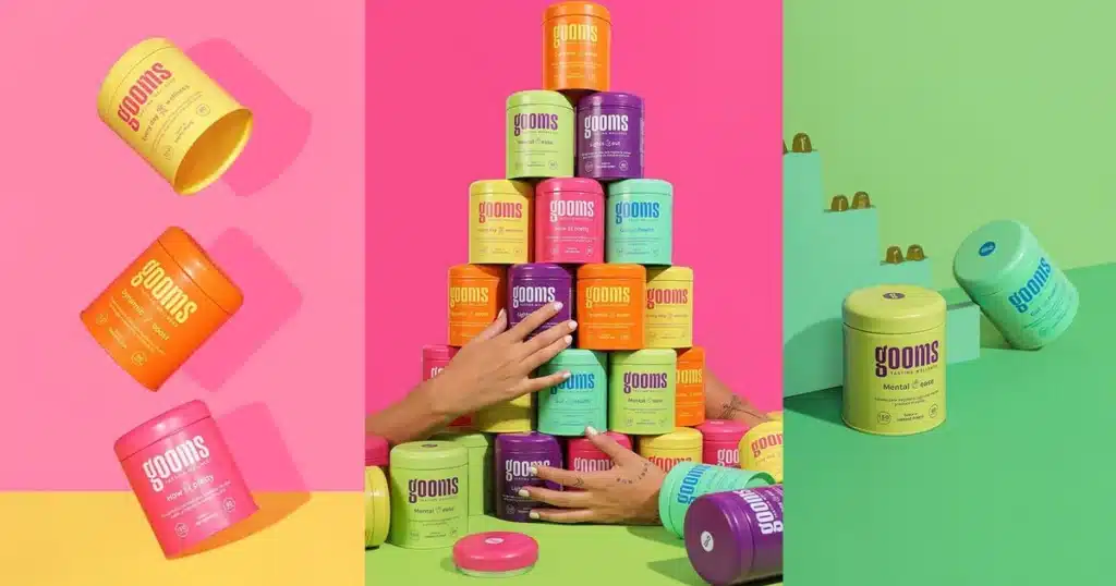 Colourful supplement brand packaging featuring a range of branded wellness products with a consistent visual identity. Copy